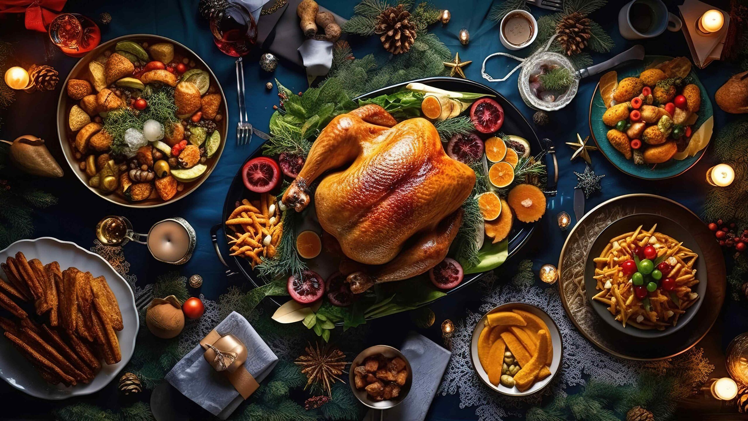 Festive Christmas Dinner Spread with Roast Turkey and Seasonal Sides Overhead view of a Christmas dinner table featuring a roast turkey surrounded by festive sides, candles and holiday decorations.