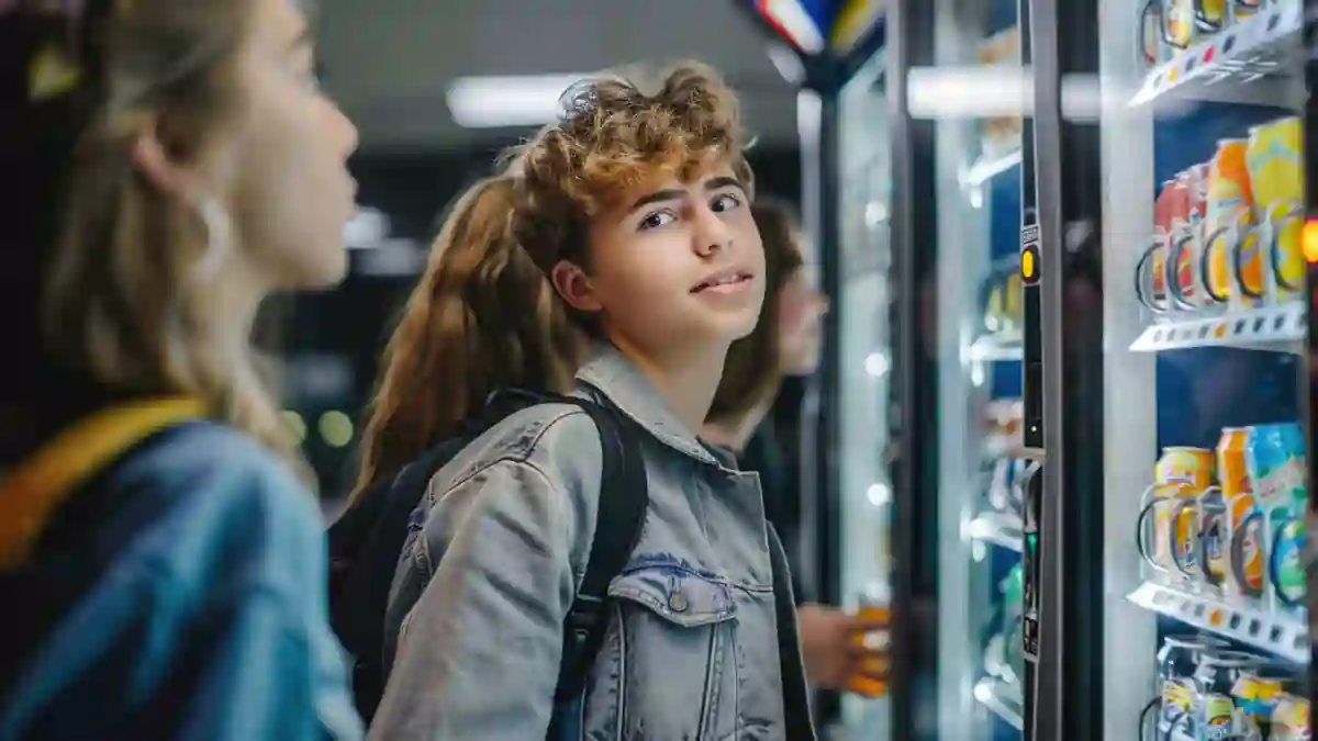 Employees Using Workplace Vending Machine – Allergen Safety Responsibility Employees choosing drinks from a workplace vending machine, highlighting shared food allergen risks in office facilities.