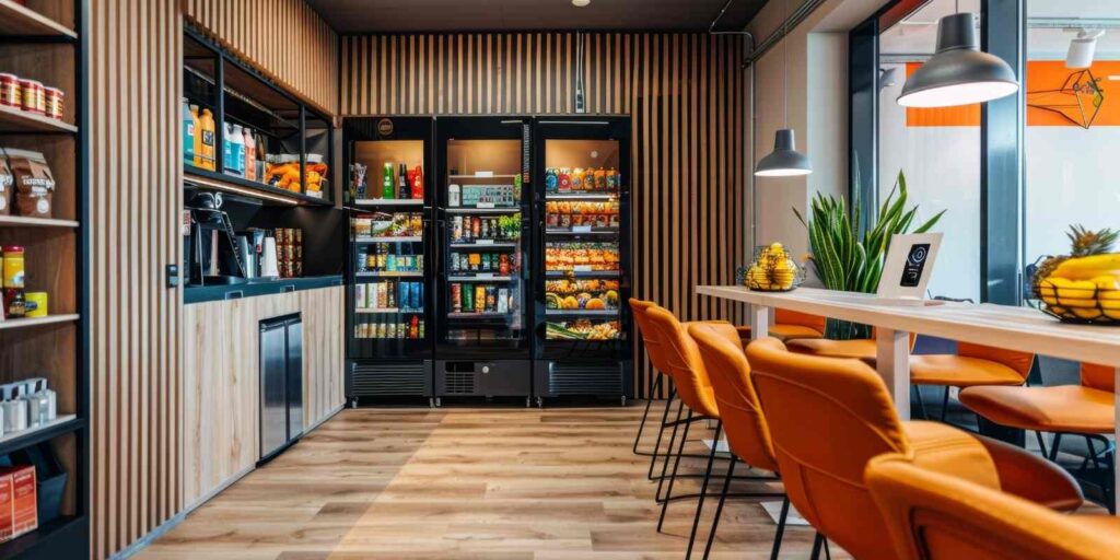Modern corporate office break room with communal fridge, snacks, and seating, highlighting shared food storage and workplace hygiene risks under Irish health and safety law.