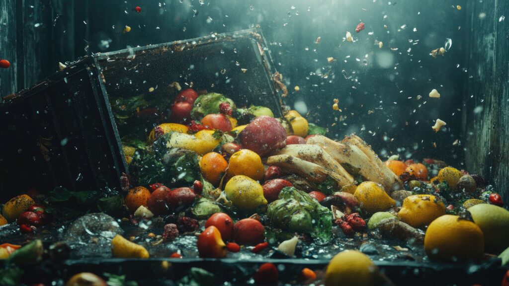 A dramatic scene of mixed fruits and vegetables bursting from a container, representing food waste in commercial kitchens.