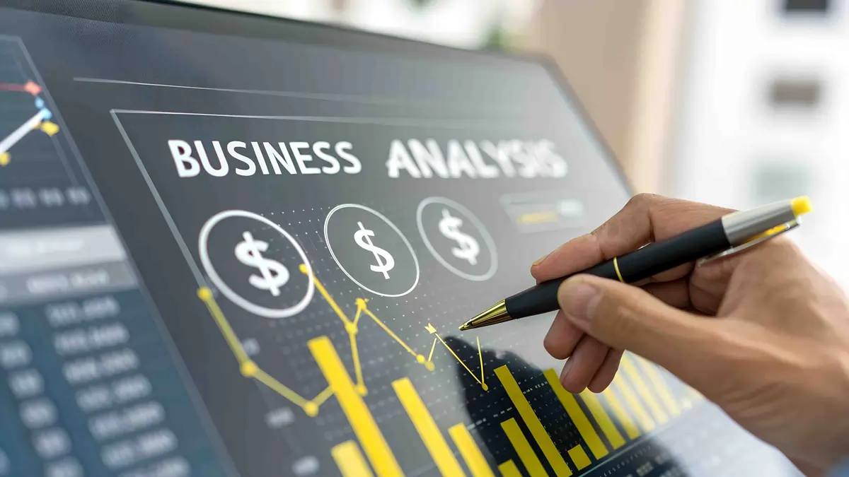 Business Analysis Dashboard With Financial Charts and Dollar Metrics Person using a pen to review a digital business analysis dashboard showing financial charts and dollar indicators.