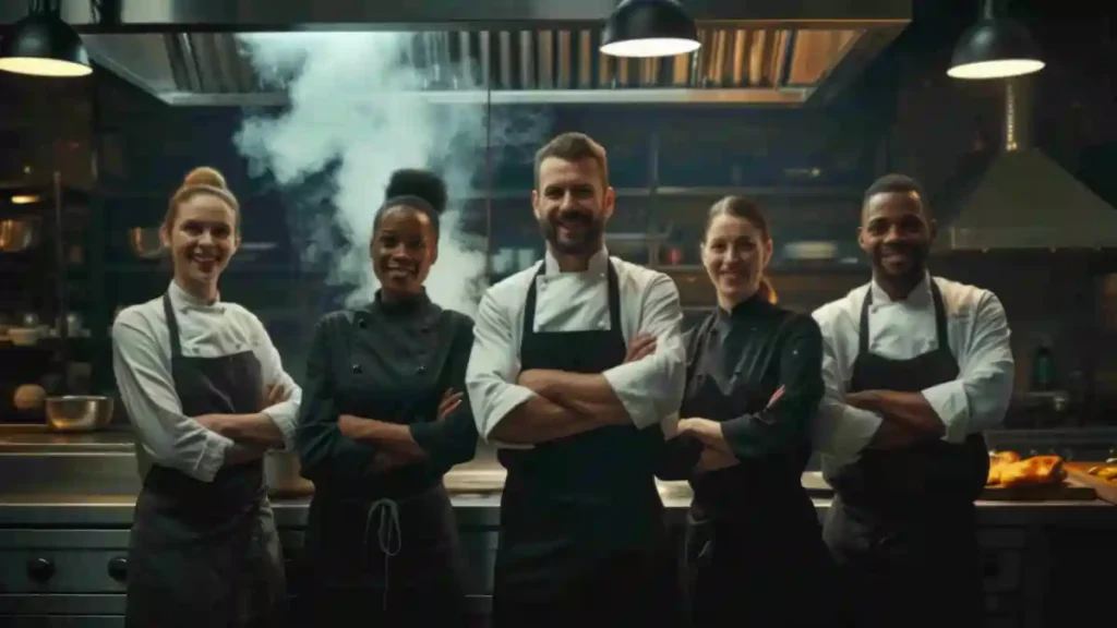 Diverse team of chefs in a professional Irish restaurant kitchen, representing multilingual staff trained using visual food safety and HACCP methods rather than English-only text.