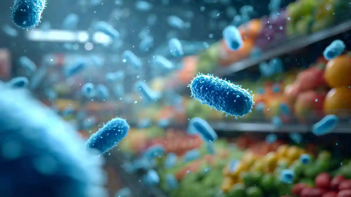 Illustration of foodborne bacteria spreading over fresh produce in a commercial kitchen environment, highlighting invisible contamination risks.