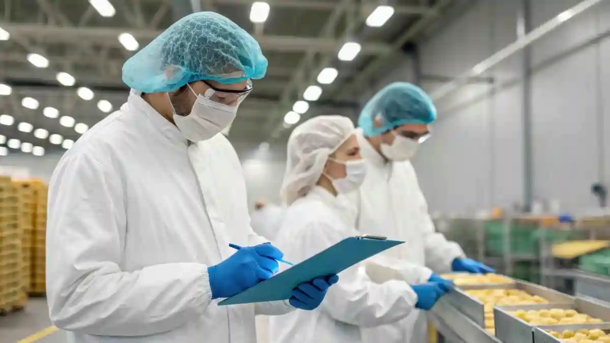 Food safety inspectors wearing protective clothing review a checklist during production in a food processing facility, representing HACCP compliance checks.
