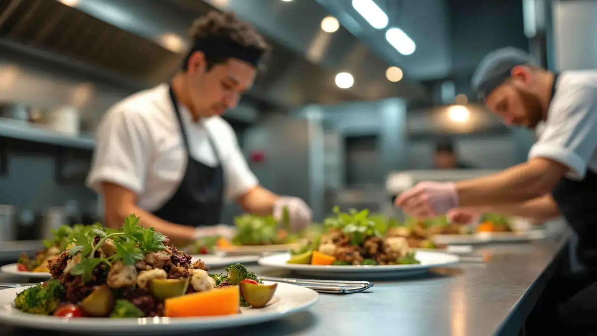 Chefs plating fibre-rich pulse and legume dishes during restaurant service, highlighting gut health menu trends and safe food preparation