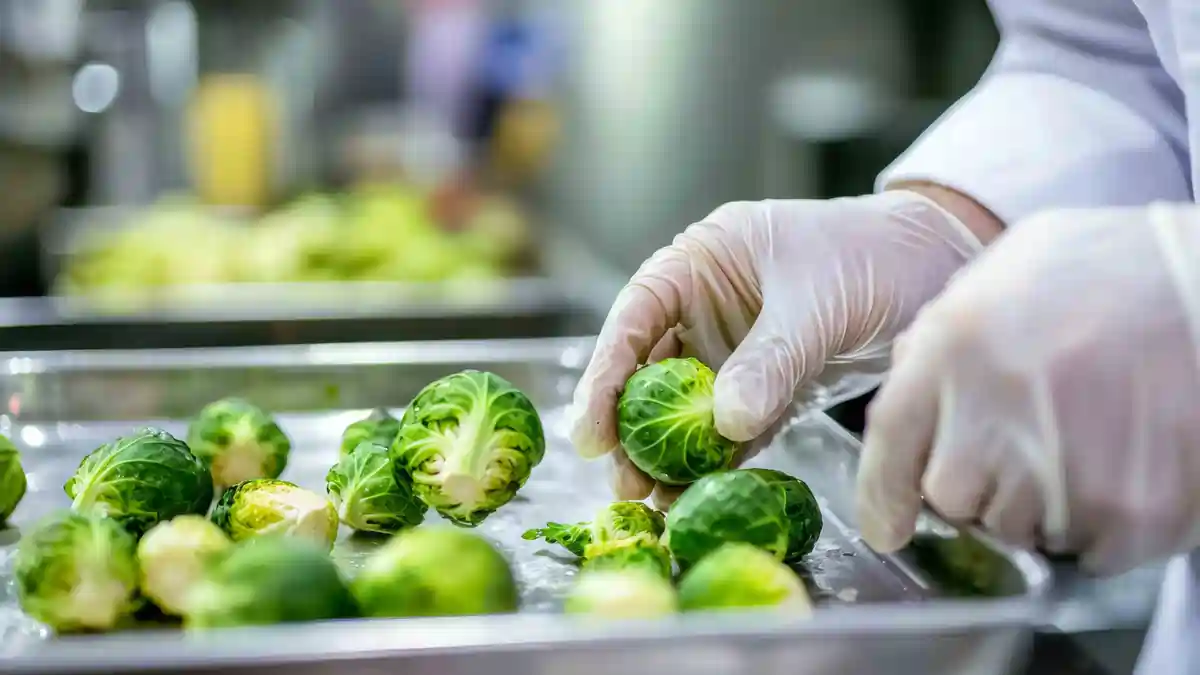 Chef wearing gloves preparing Brussels sprouts in a commercial kitchen, highlighting safe handling of fibre-rich vegetables