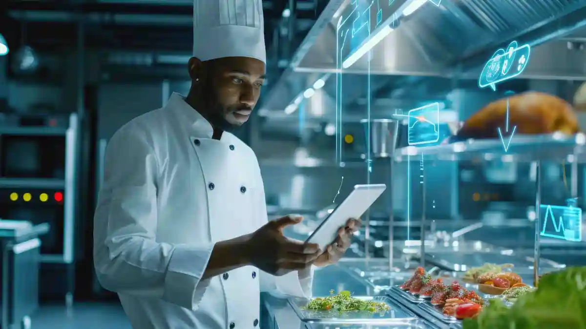 Hotel chef using a tablet to manage digital kitchen systems for food safety, training, and operational monitoring