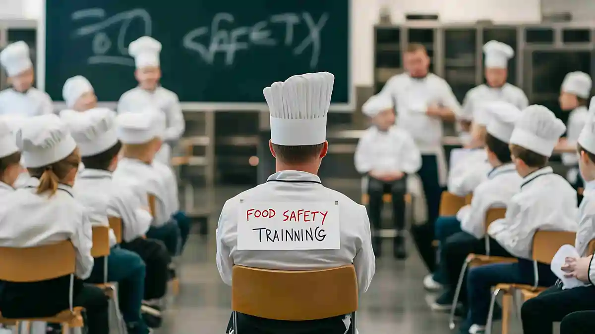 Hotel kitchen staff attending in-person food safety training in a classroom setting