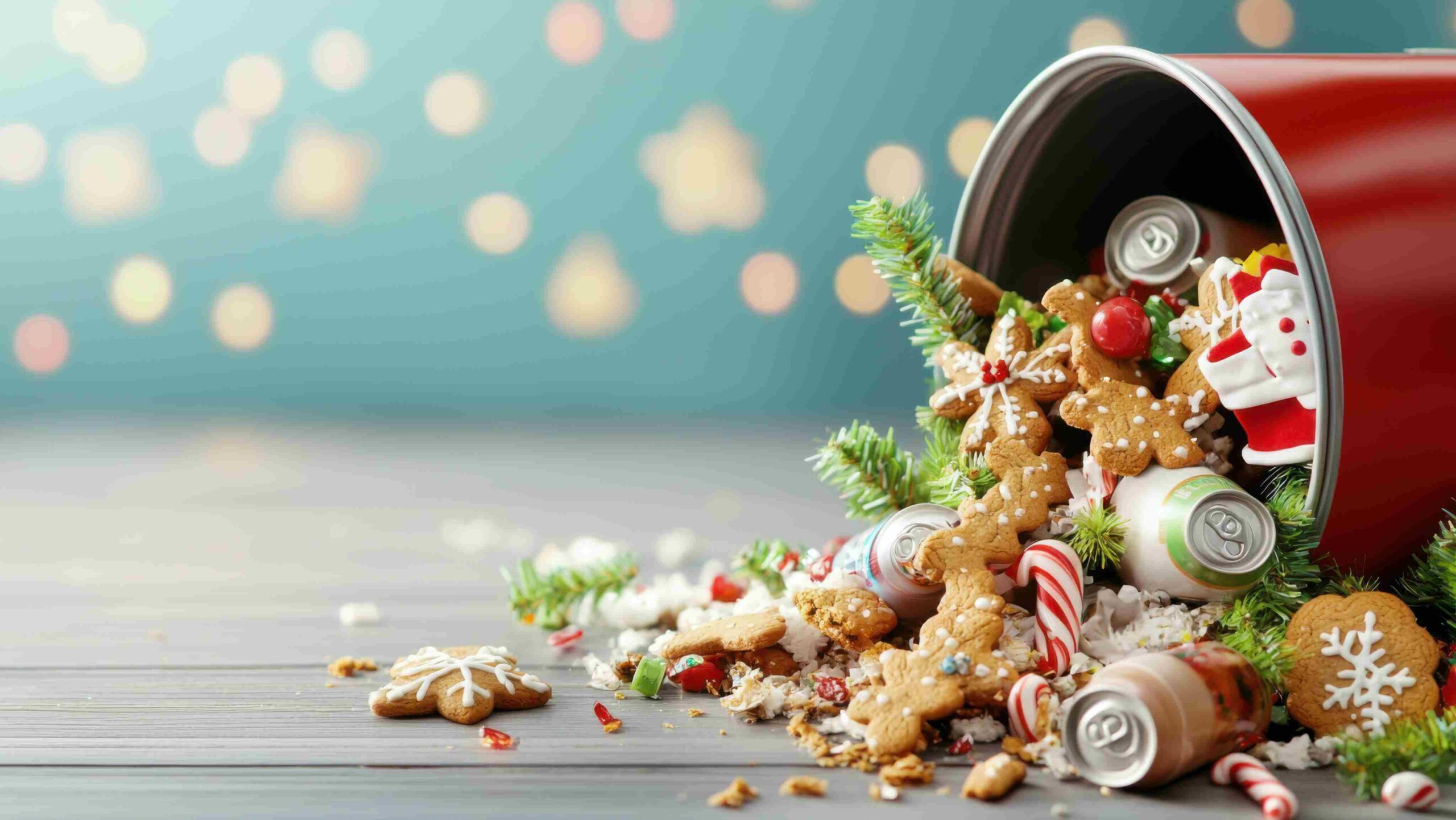 Christmas Food Waste Overflowing from a Festive Bin A tipped-over holiday bin spilling Christmas cookies, candy canes, cans, and decorations, symbolising festive food waste.
