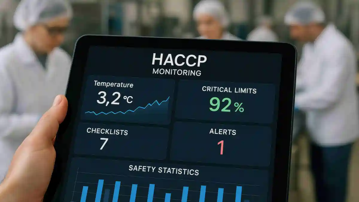 Tablet displaying digital HACCP monitoring dashboard with temperature logs, alerts, and compliance data in a hotel kitchen