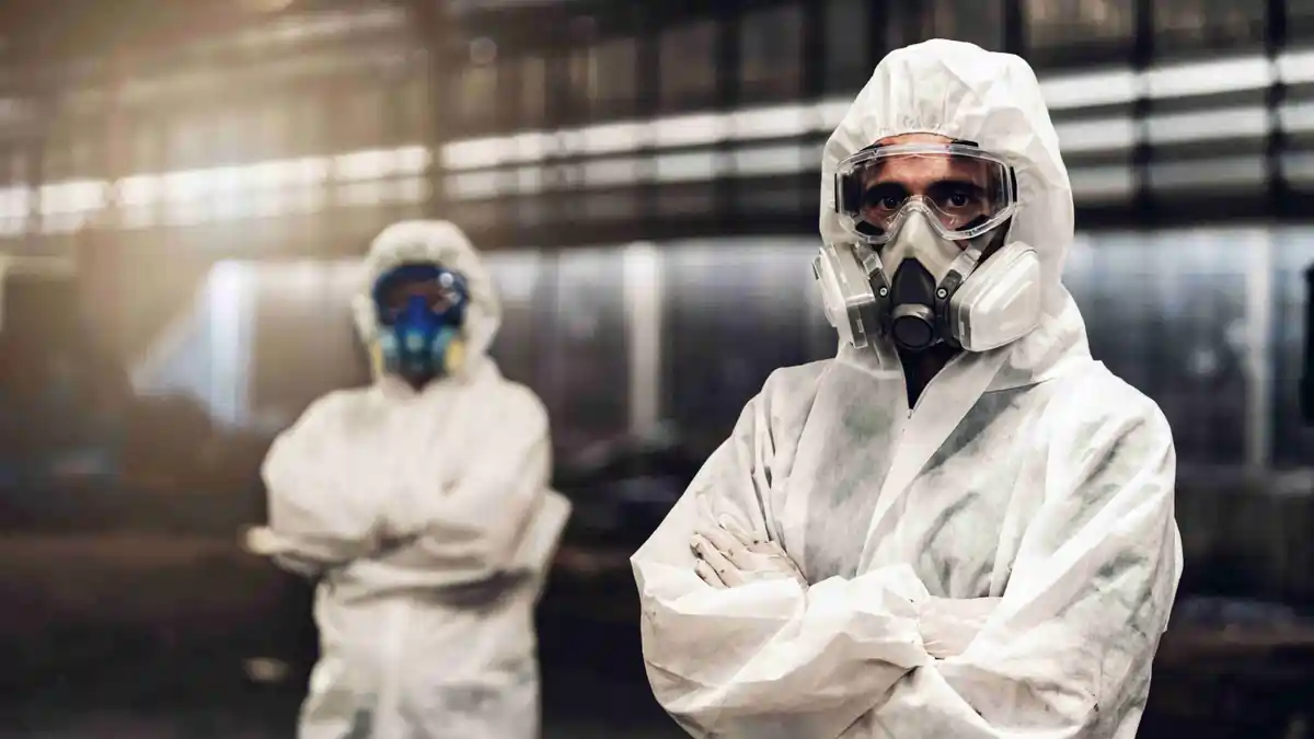 Two workers wearing full-body chemical protective suits and respirators standing in an industrial facility.