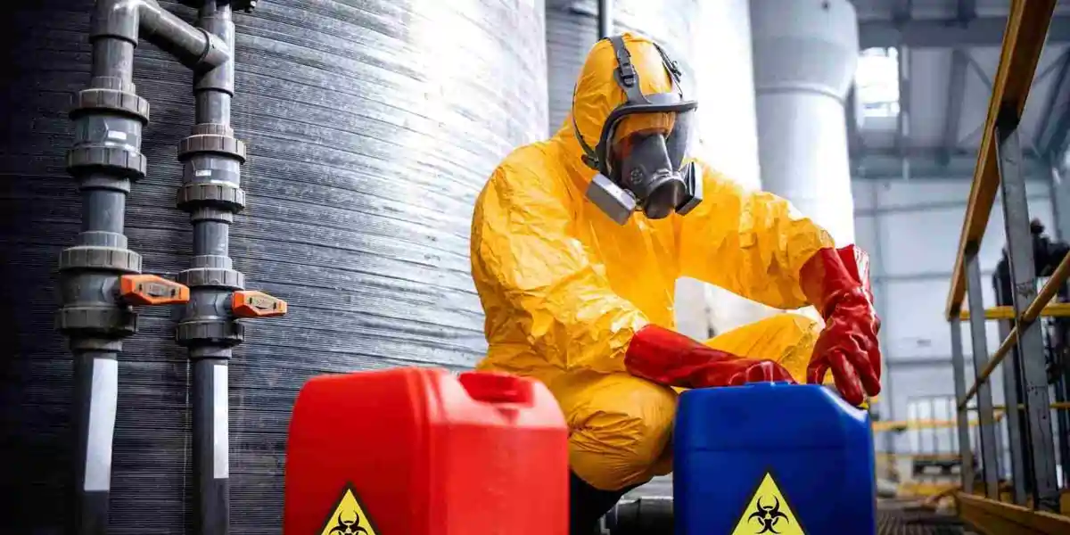 Worker in full yellow hazmat suit and respirator handling red and blue biohazard containers in an industrial facility.