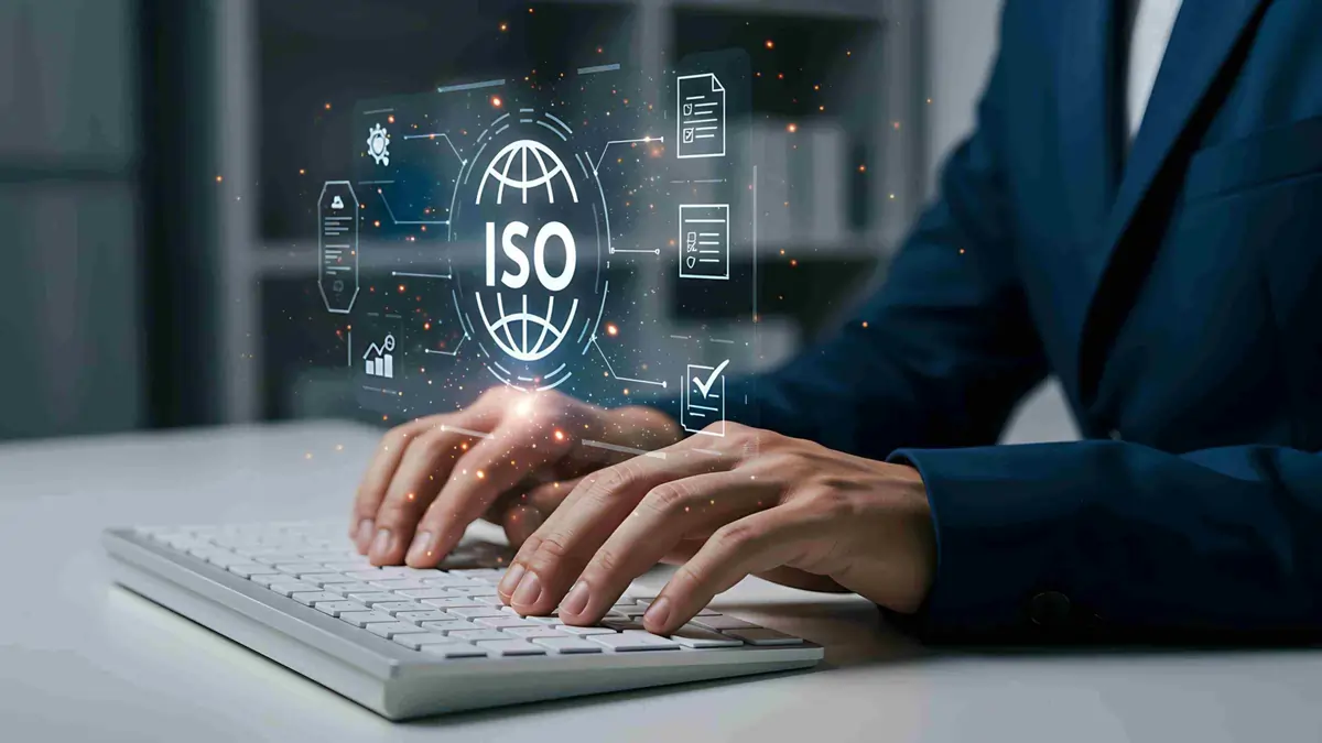 Digital Transformation in ISO Standards Preparing for the 2026 Revisions Business professional typing on keyboard with digital ISO certification hologram representing quality and environmental management systems.