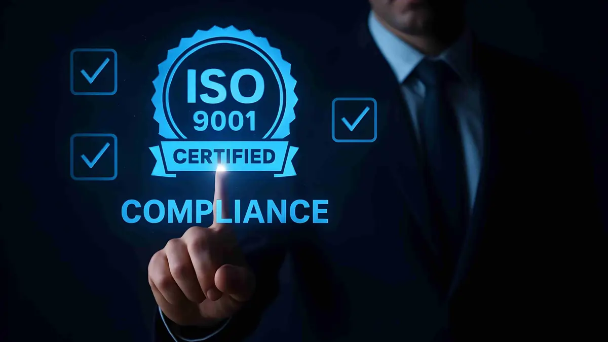 ISO 9001 Certification: Advancing Quality and Efficiency Businessman using a tablet showing ISO 9001 certification and quality management icons symbolising compliance and process improvement.