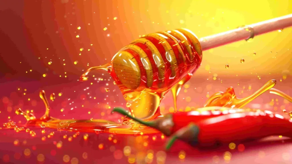 Honey drizzling from a wooden honey dipper surrounded by splashes of golden honey and red chili peppers.