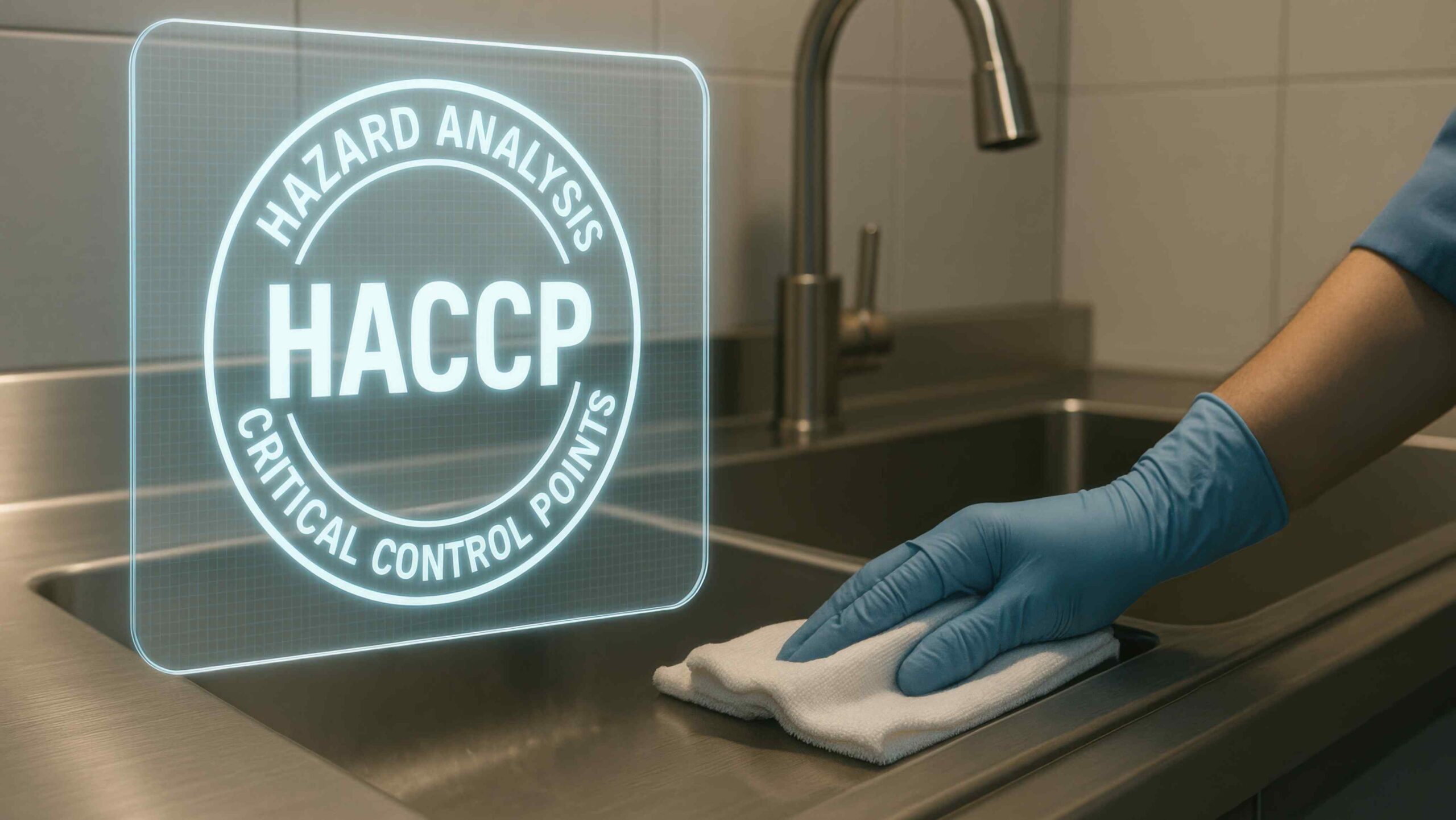 HACCP Hygiene Compliance: Worker Cleaning a Stainless-Steel Surface A gloved worker wiping a stainless-steel counter with a cloth, with a digital HACCP compliance graphic displayed.