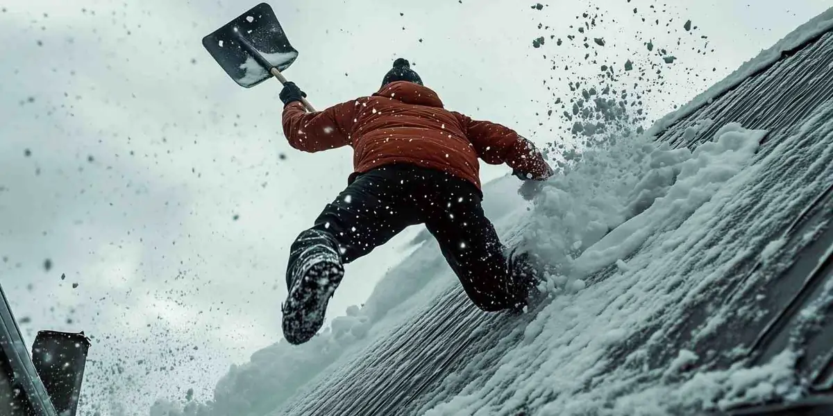 Worker in red jacket shovelling snow off a roof during winter to prevent accidents and damage