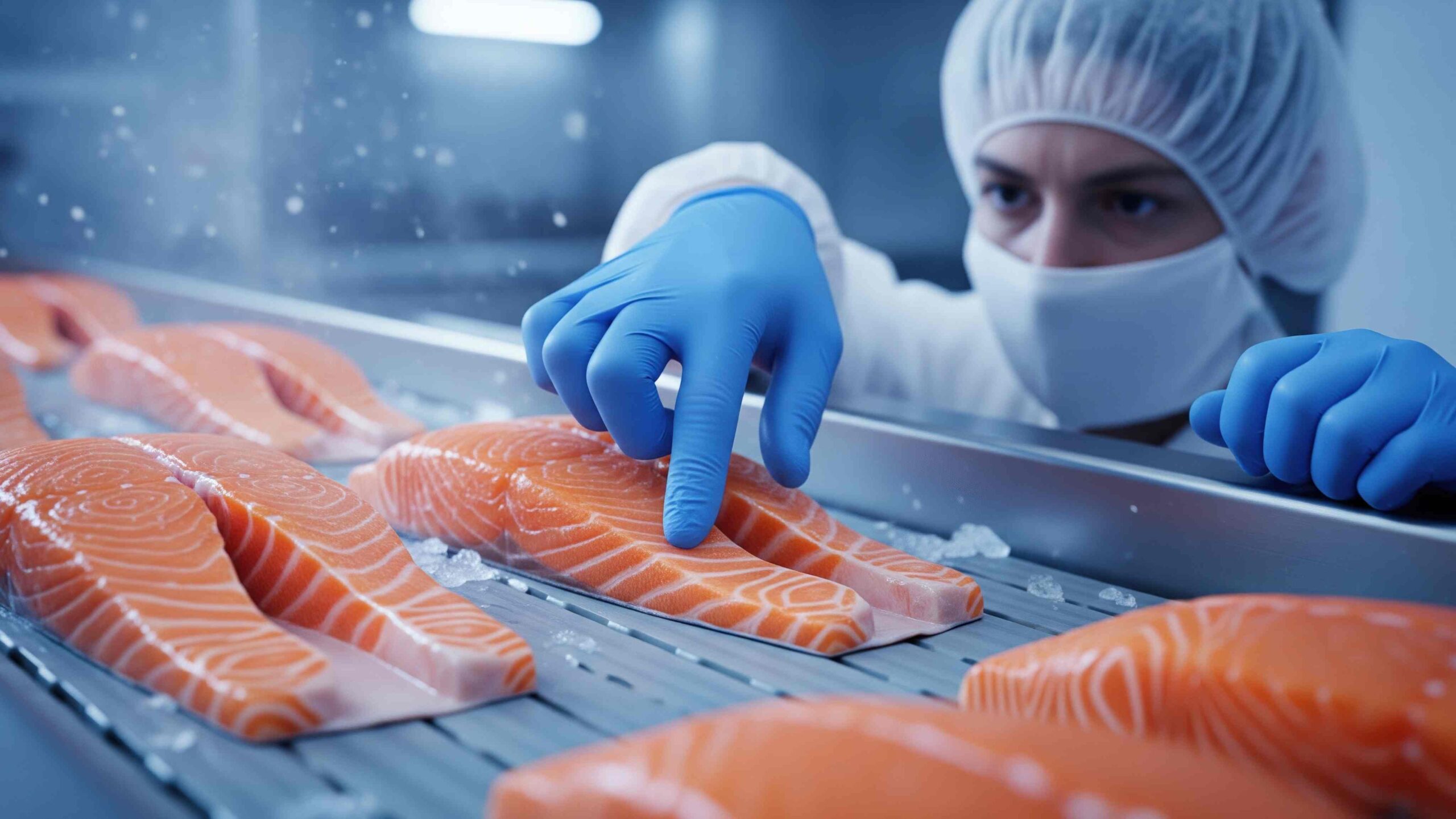 Worker Inspecting Fresh Salmon Fillets on a Seafood Processing Line A food processing worker wearing gloves and protective clothing inspecting fresh salmon fillets on a chilled conveyor line.