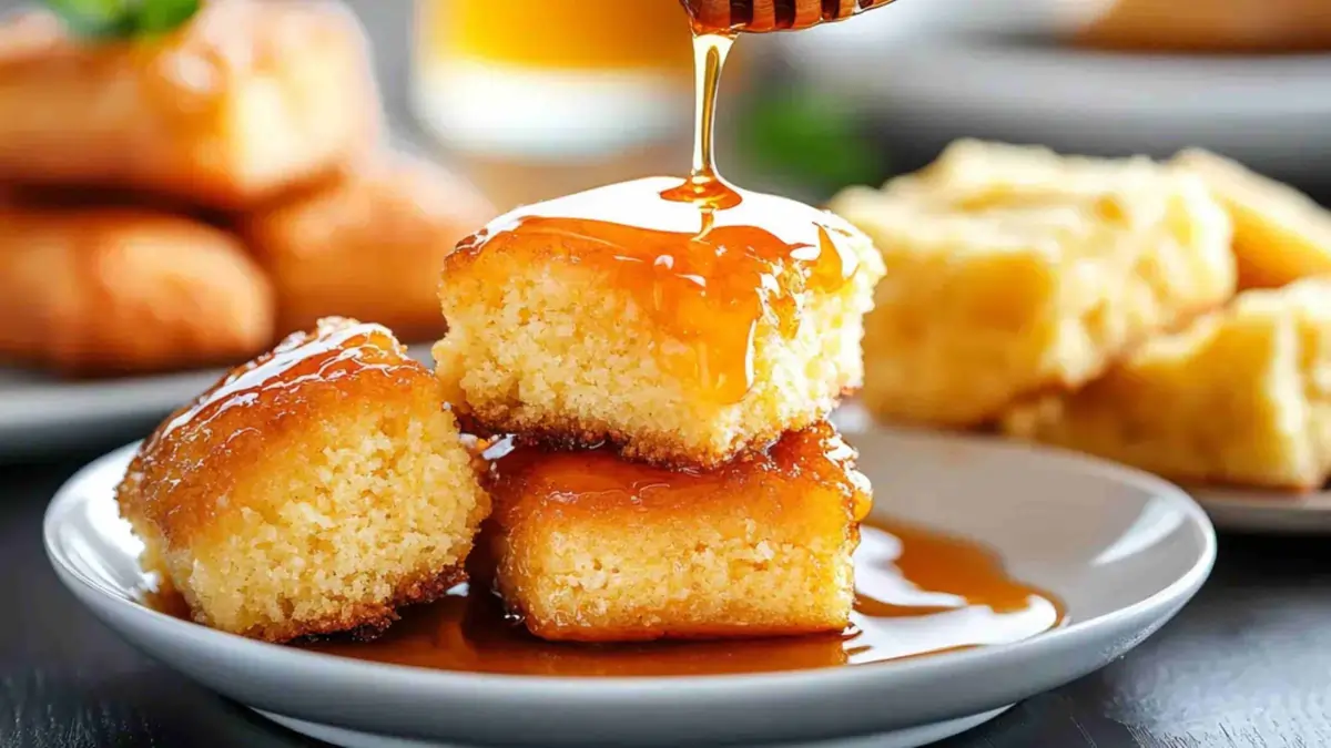 Close-up of honey being drizzled over fluffy golden dessert squares on a plate.