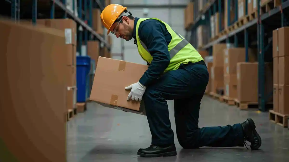 Men’s Health and Workplace Safety: Building a Safer Culture in Irish Industries A male warehouse worker wearing a safety helmet and high-visibility vest lifting a box correctly, symbolising safe practices and men’s health awareness in the workplace.