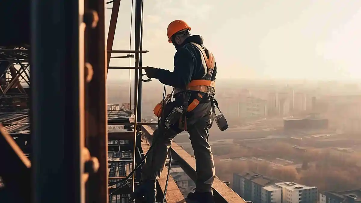 Focus and Safety at New Heights: Protecting Mental and Physical Health at Work Construction worker wearing a safety harness and helmet standing on a steel beam high above a city, symbolizing focus, safety awareness, and mental resilience in high-risk jobs.