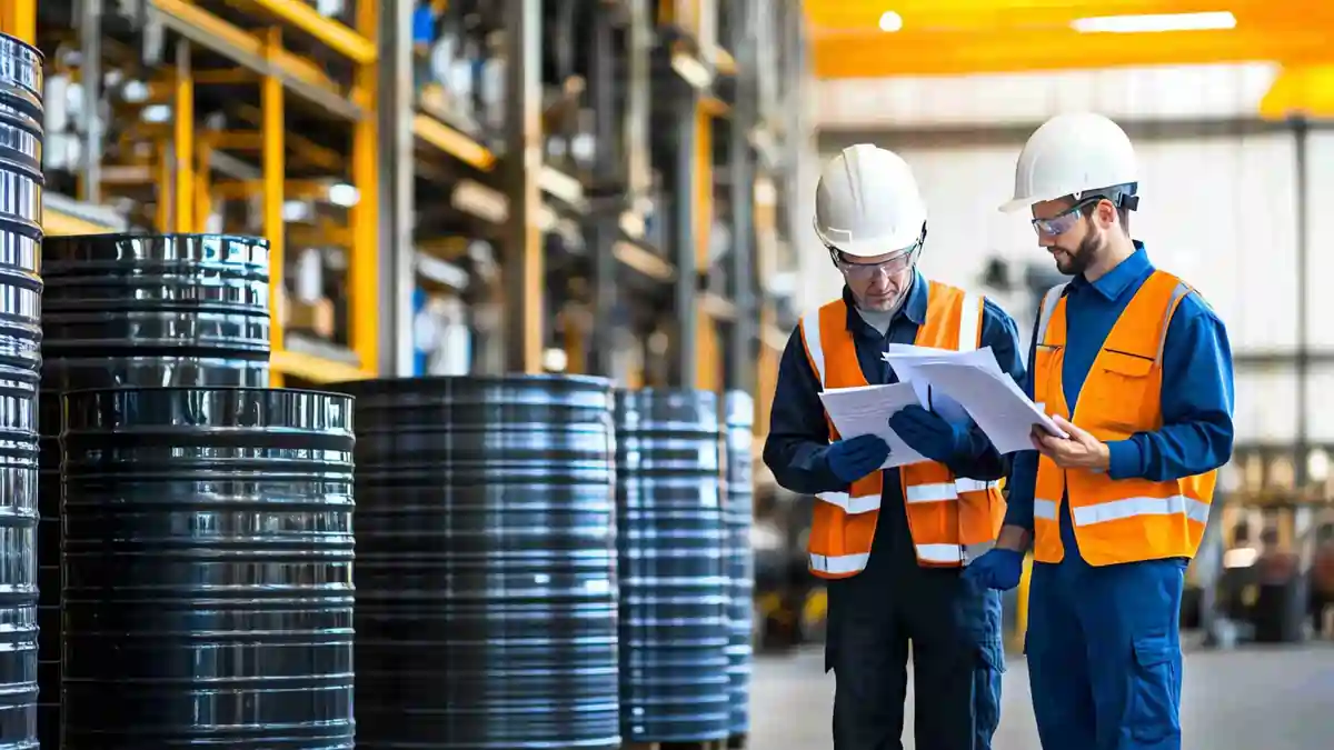 Two engineers wearing safety gear reviewing digital safety checklists inside an Irish manufacturing warehouse, symbolising technology-driven quality management.