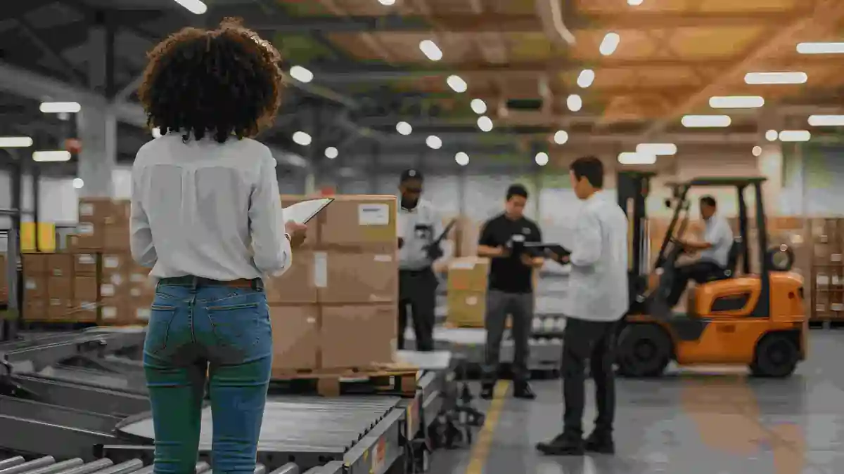 Supervisor holding a tablet in a warehouse while workers and a forklift operator carry out safety checks and training procedures.