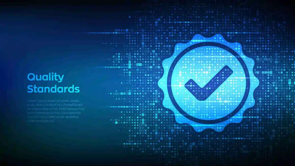 Blue digital background with a checkmark badge symbolising modern quality standards and certification.