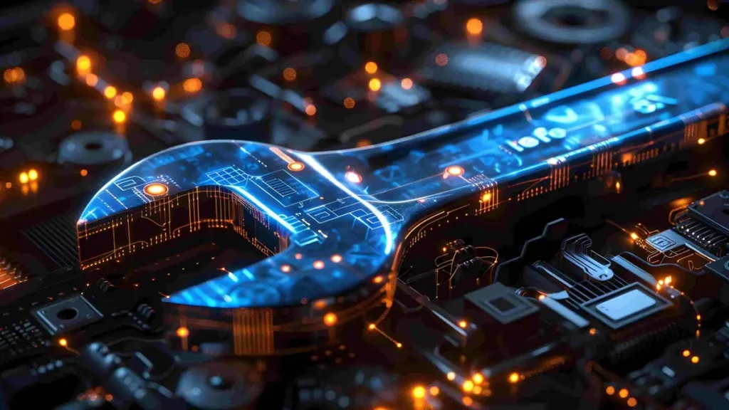 A futuristic wrench symbolizing digital transformation in health, safety, and environmental management