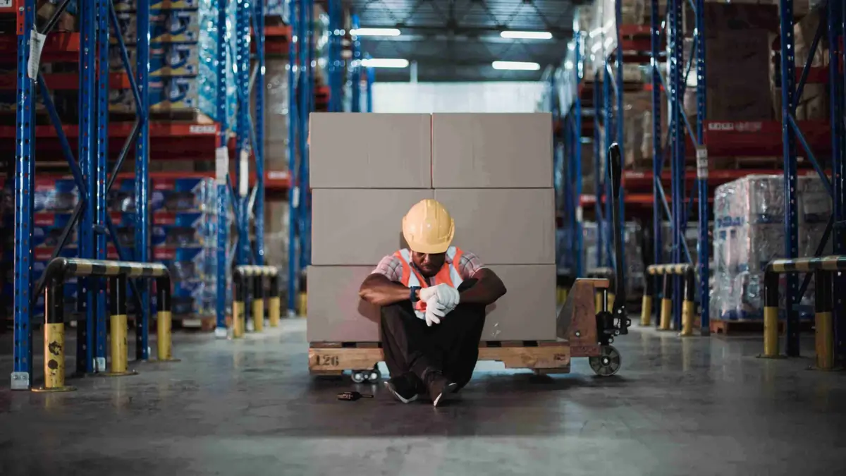 Addressing Psychosocial Risks: Mental Health in the Workplace Worker wearing a safety helmet and reflective vest sitting on the warehouse floor, representing workplace stress and fatigue