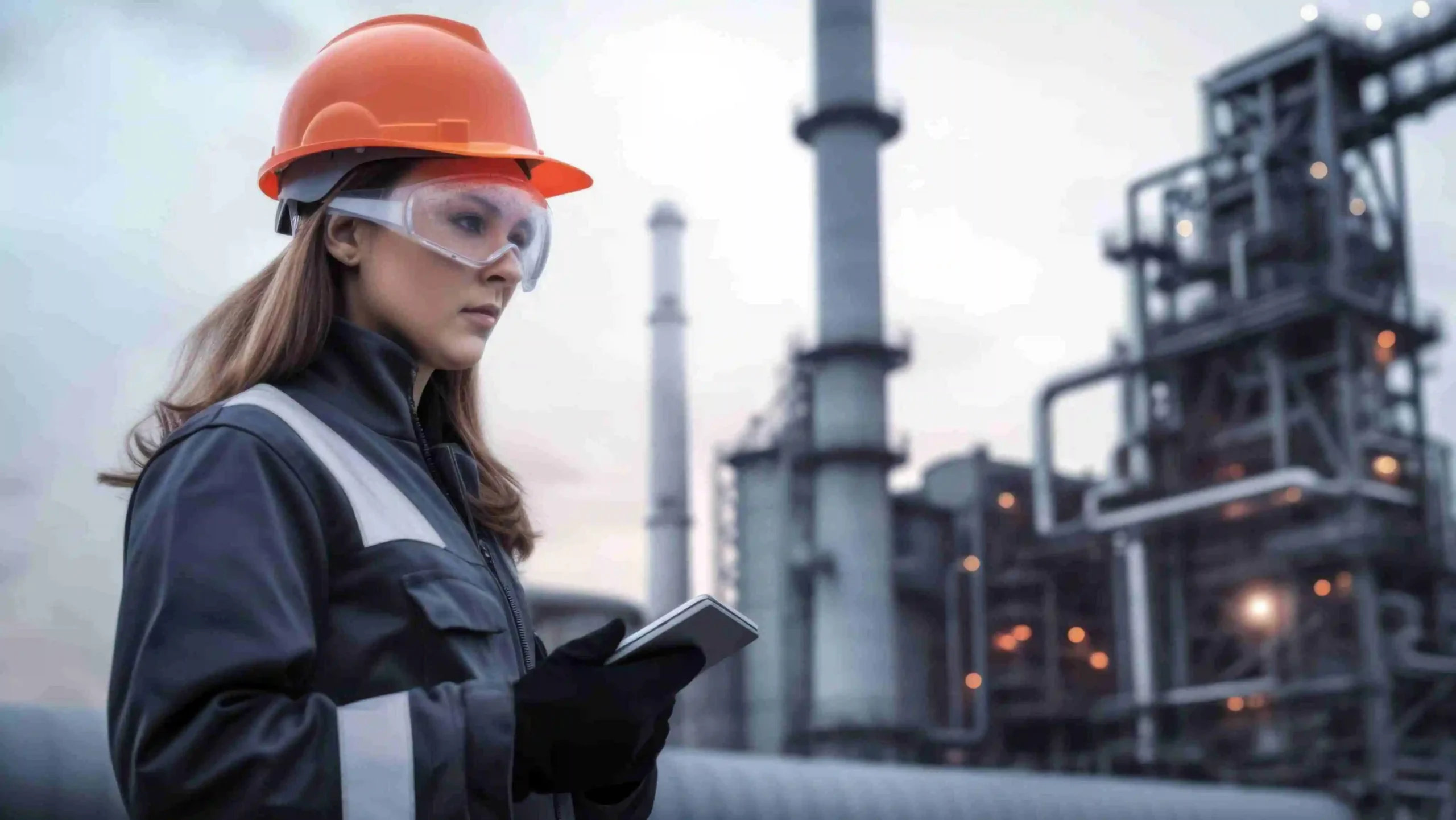 Female safety professional wearing hard hat and safety goggles at an industrial site, symbolizing occupational health and social sustainability in business.