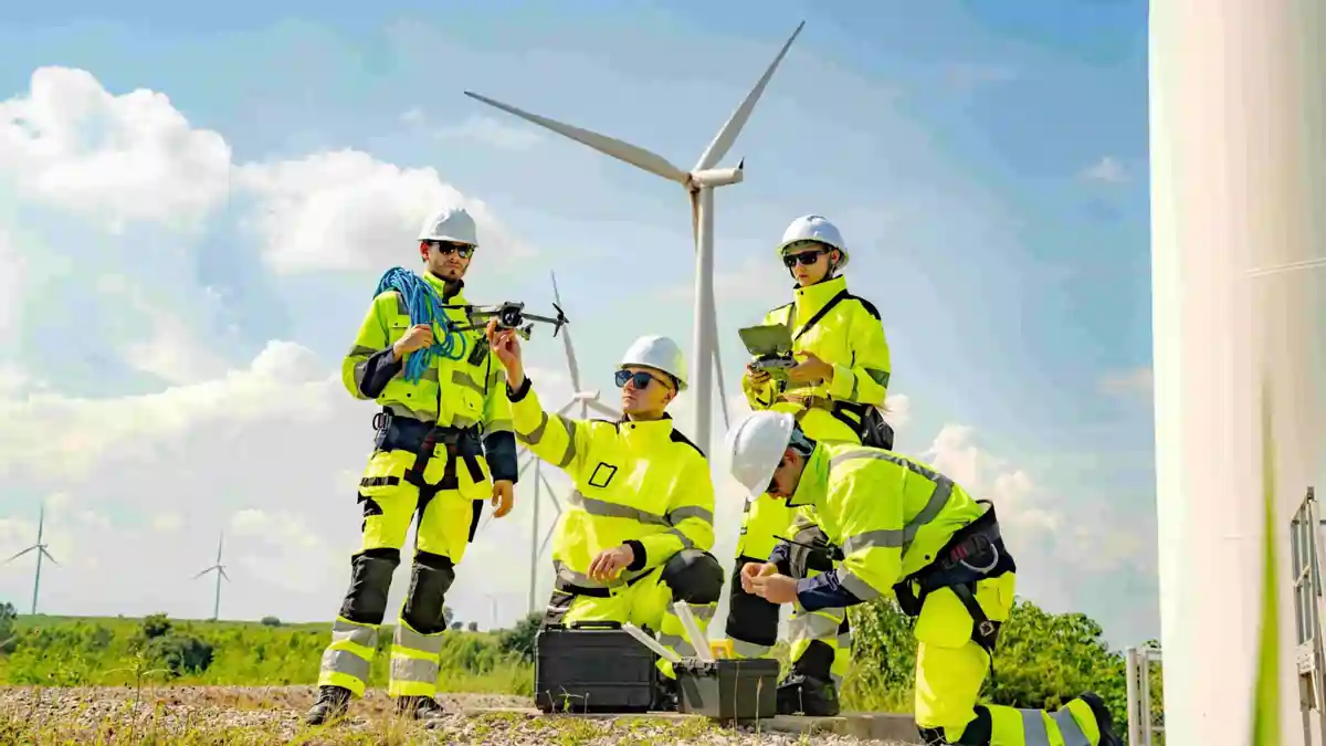 Team of engineers wearing safety gear inspecting wind turbines, representing occupational safety and social sustainability in ESG strategies.