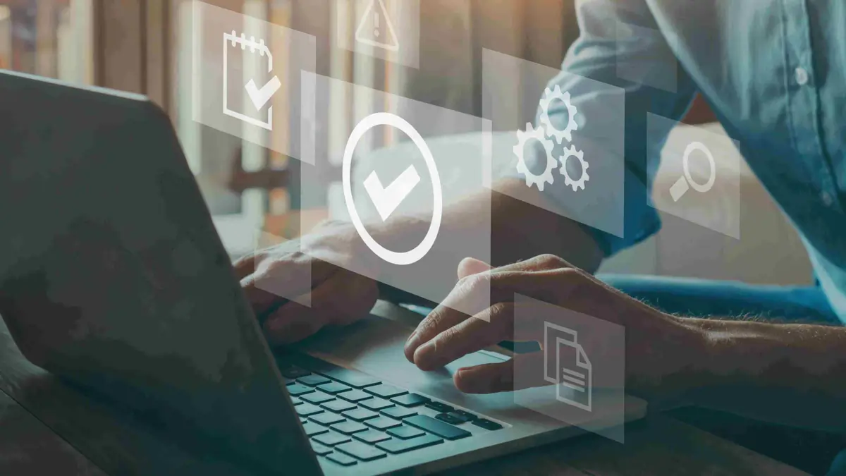 Abstract ISO 9001 graphic with circular icons and process symbols representing quality management, certification, and continuous improvement.