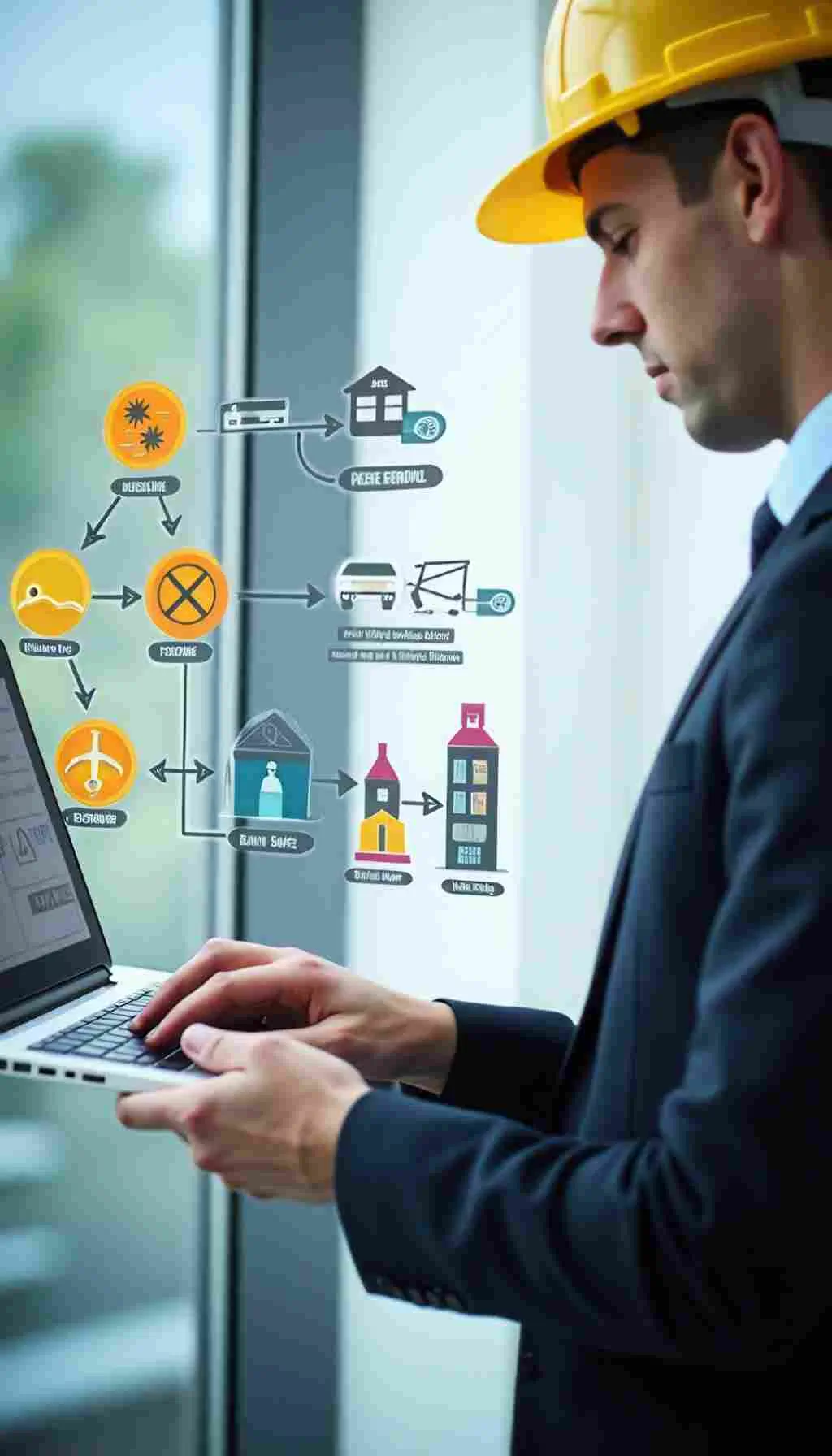 Technology and AI: Transforming the Future of HSEQ Engineer in a hard hat using a laptop with digital workflow graphics, representing AI integration in health, safety, environment, and quality management
