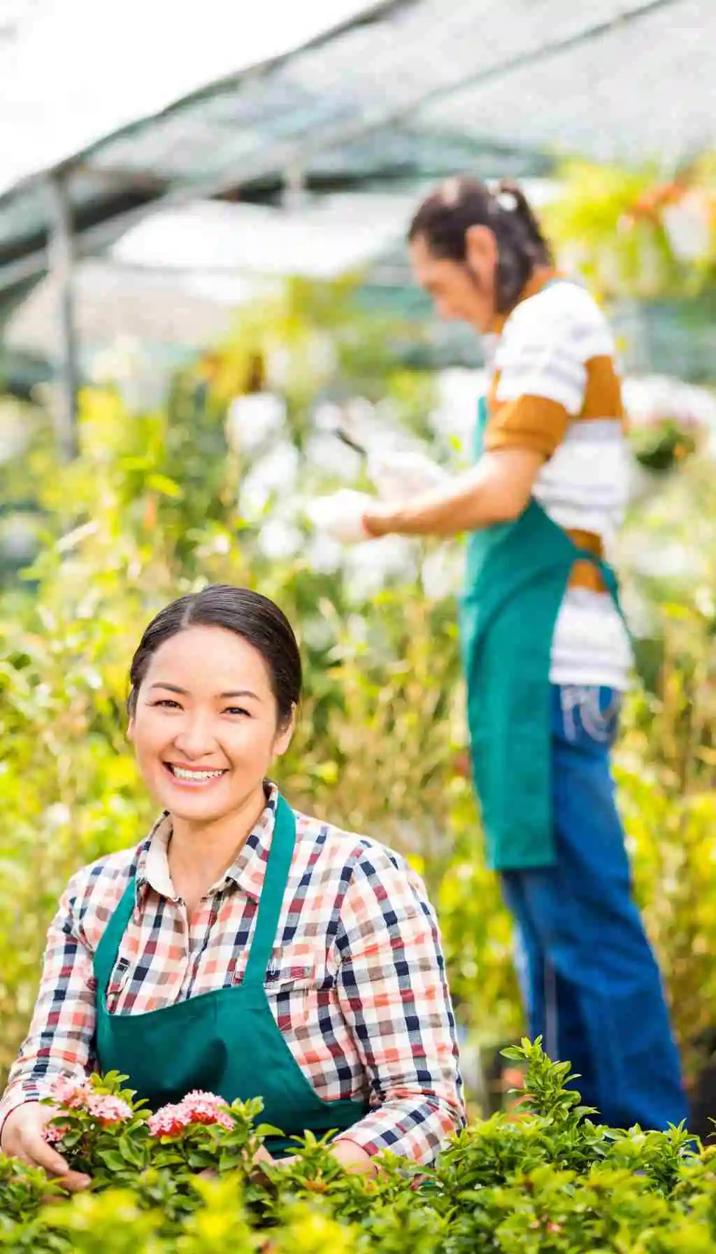 Smiling worker tending plants in a greenhouse, representing social sustainability and worker wellbeing in ESG practices.