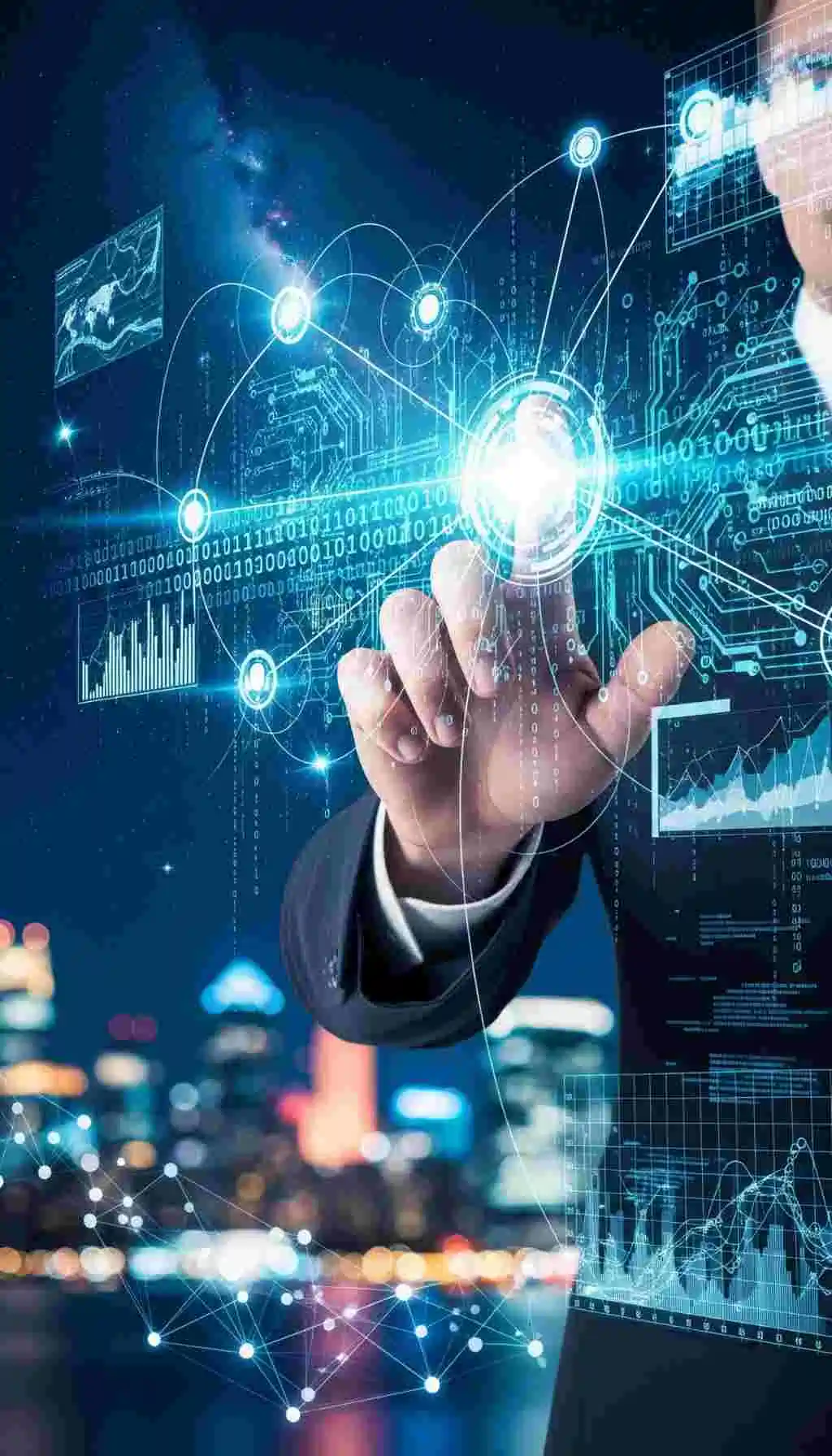 Business professional interacting with a futuristic digital interface displaying data analytics, networks, and system controls.