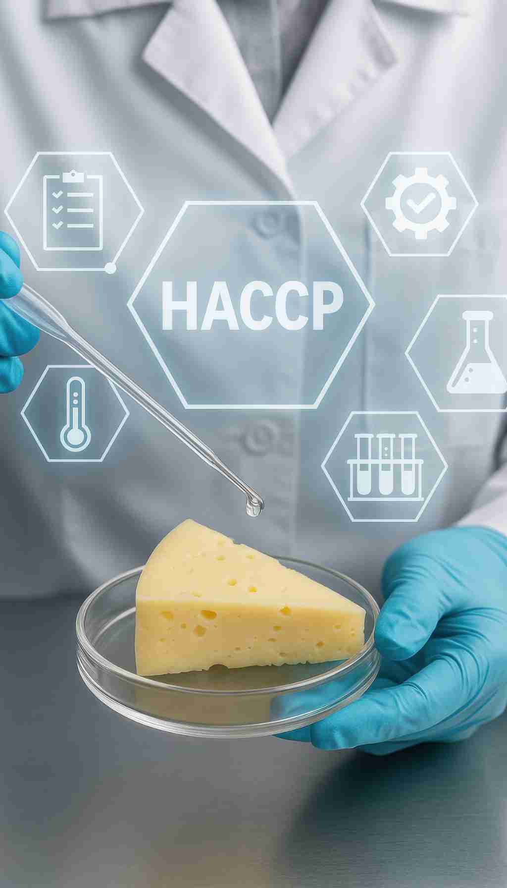 HACCP Food Safety Testing in a Laboratory Environment Food safety technician in gloves testing a piece of cheese in a laboratory with HACCP icons overlaid.