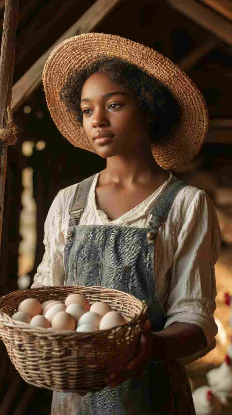 Young Farmer Collecting Fresh Eggs on a Poultry Farm Young woman wearing a straw hat and apron holding a basket of fresh eggs inside a rustic farm building.