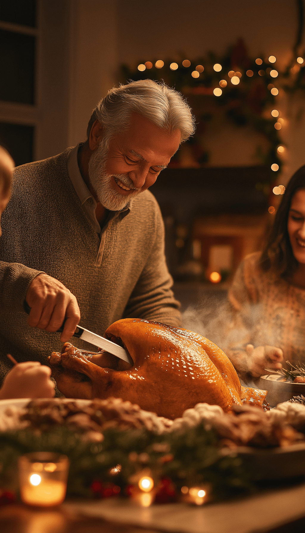 Family Carving a Christmas Turkey at a Festive Holiday Dinner Smiling older man carving a roasted Christmas turkey at a festive family dinner table with warm holiday lights.