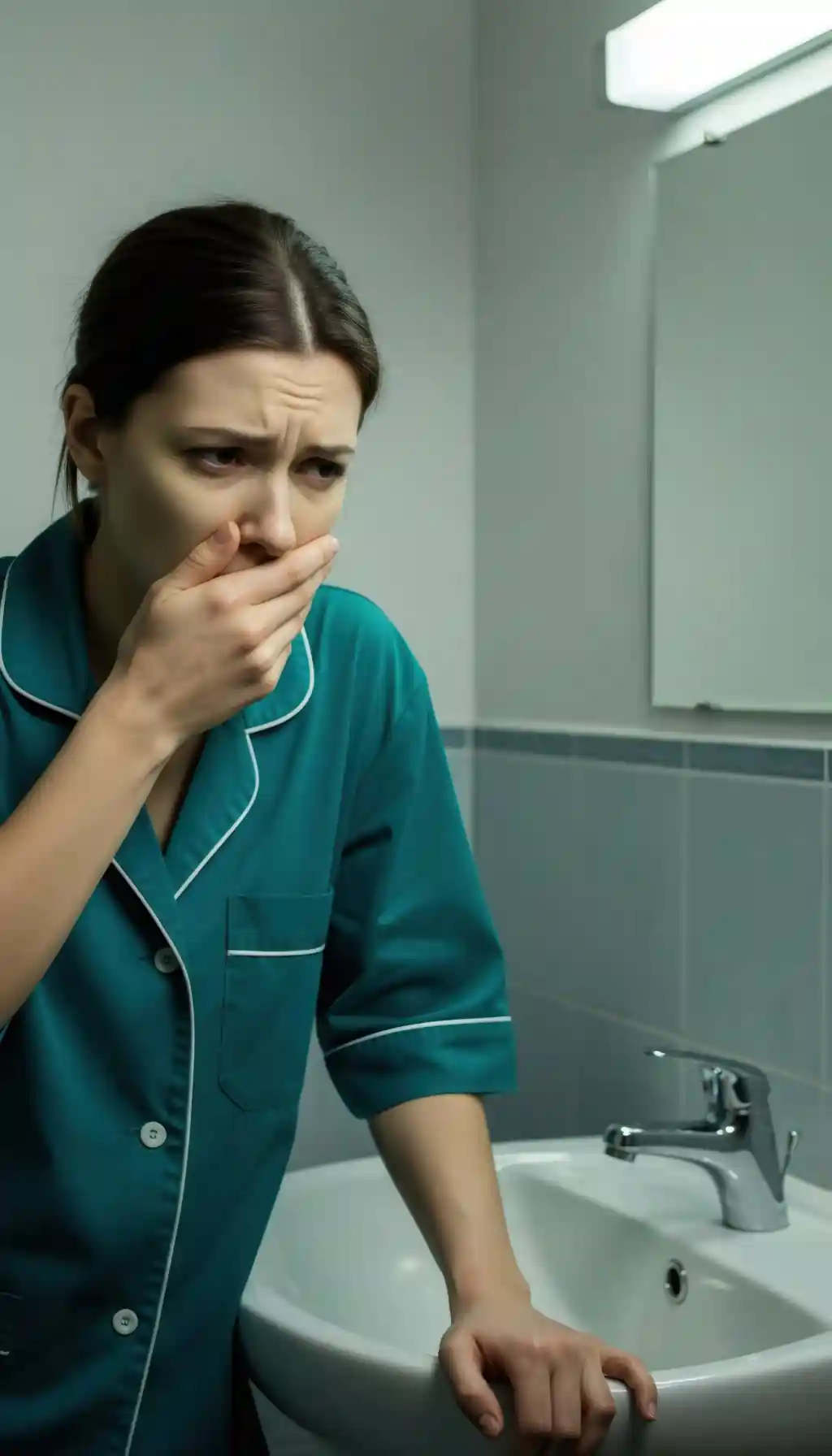 Woman feeling nauseous in a bathroom, illustrating symptoms of food poisoning that can occur after eating improperly cooked beans