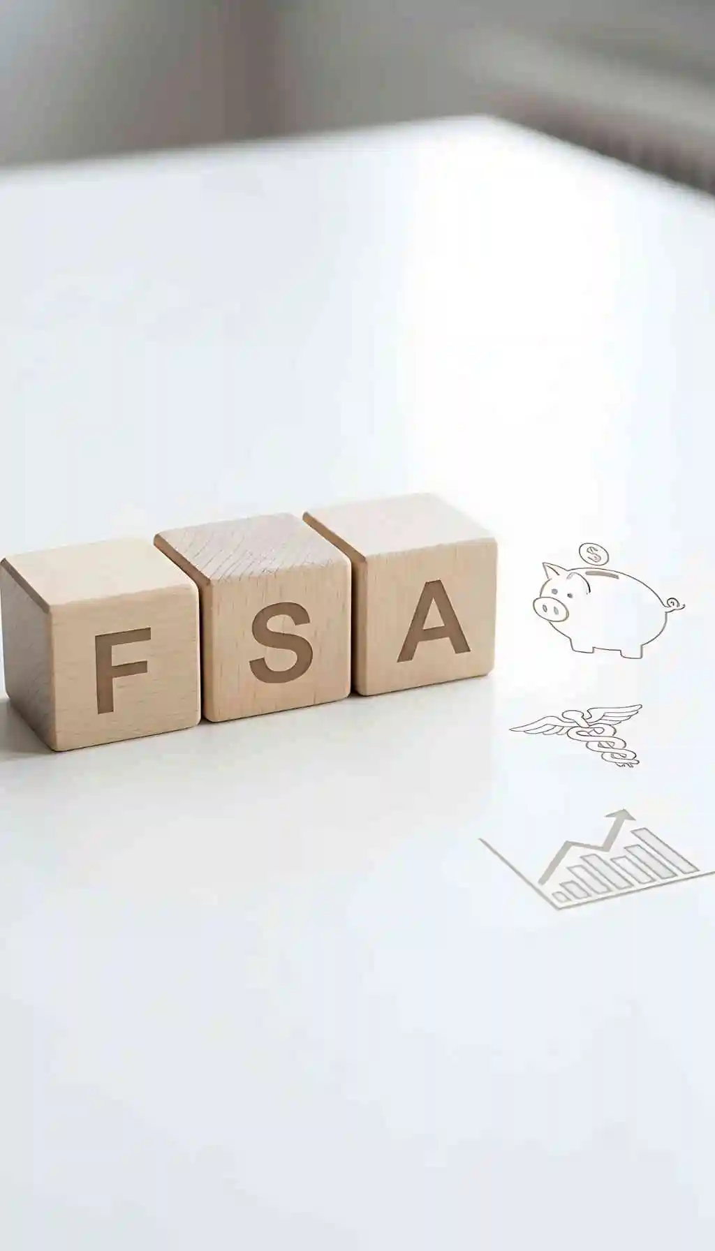 Wooden blocks spelling “FSA” on a white desk, accompanied by simple icons of a piggy bank, medical caduceus, and rising bar chart.