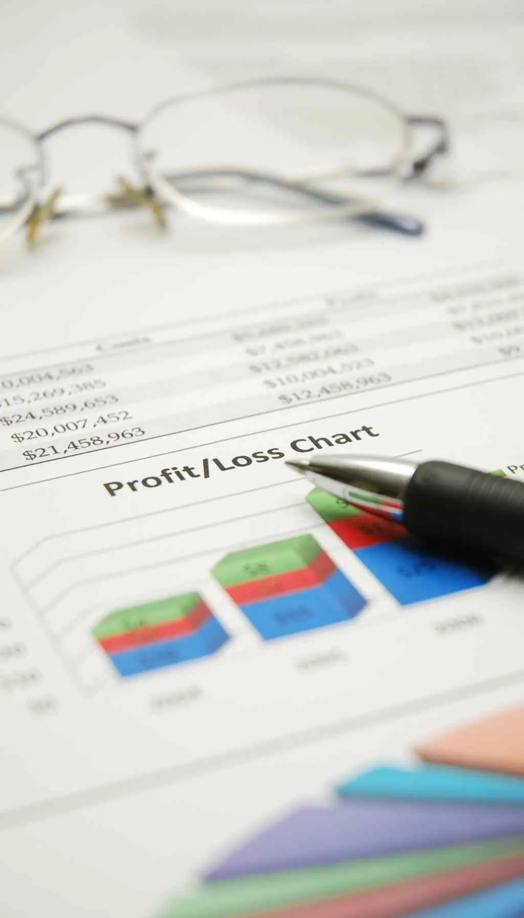 Profit and Loss Chart With Financial Data and Pen Close-up of a printed profit and loss chart with colourful bar graphs, a pen, and eyeglasses on a desk.