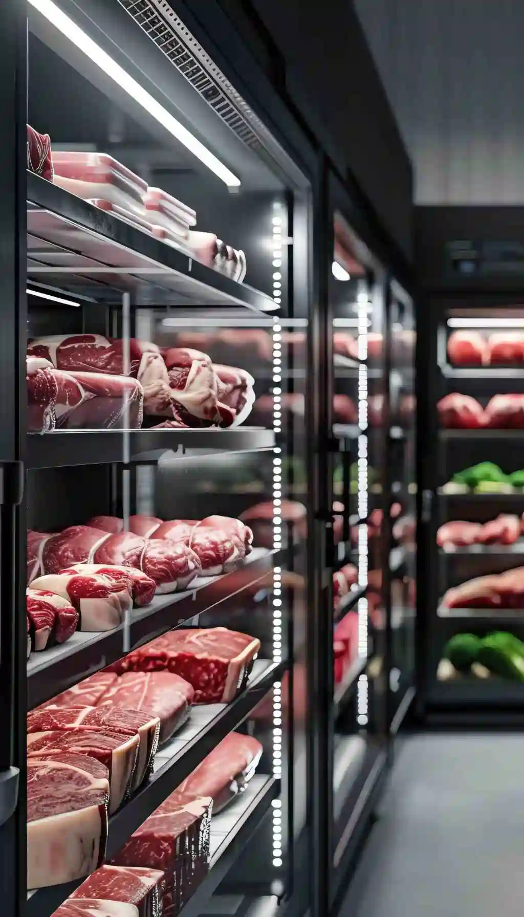Raw meat stored on shelves inside a commercial refrigeration unit in a professional food business