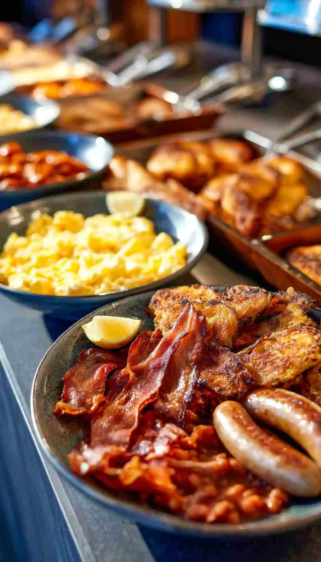 Cooked breakfast foods including bacon, sausages, eggs, and roast potatoes served on a hot buffet counter