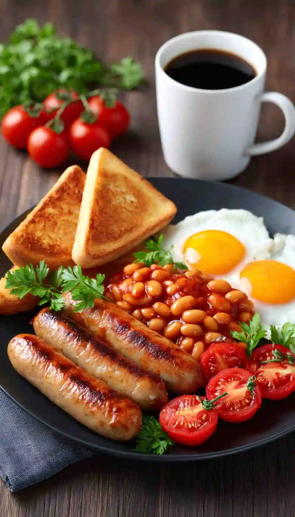Plate of scrambled eggs, grilled sausages, cherry tomatoes, and toast, representing typical high-risk breakfast foods requiring proper temperature control in hotels.