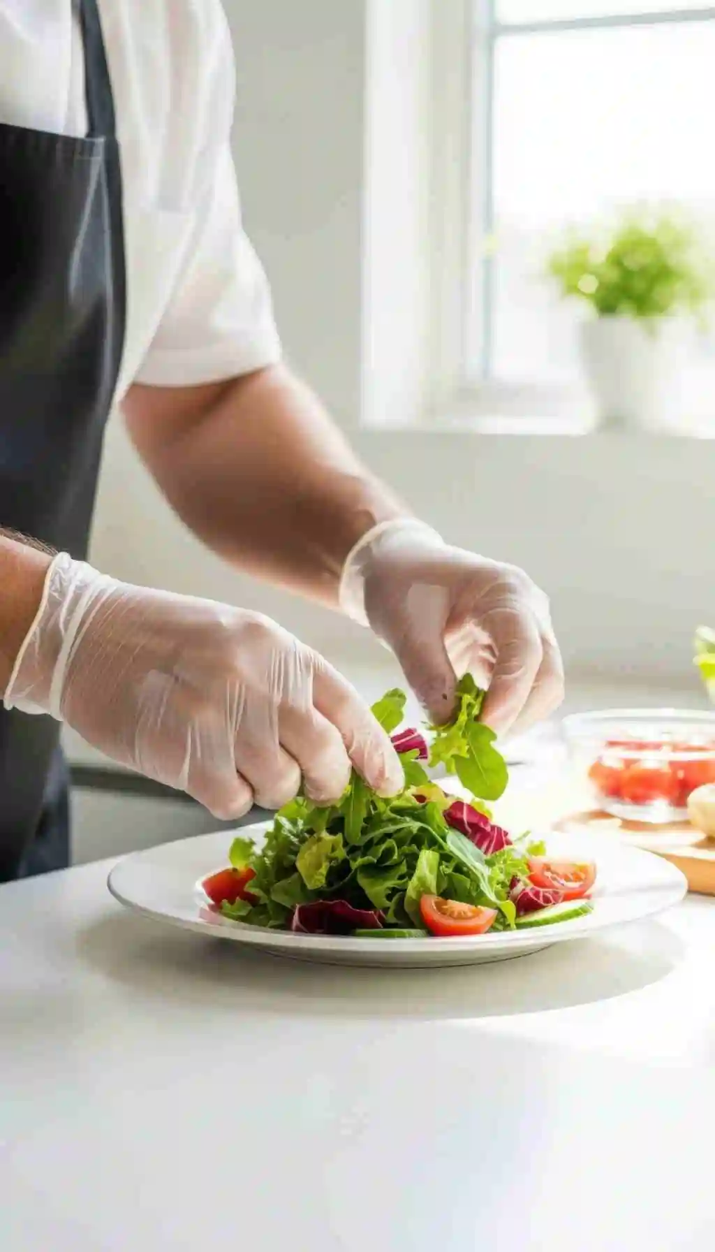 Bright hotel restaurant buffet area with plates, pastries and serving dishes in the foreground, with staff talking in the background during breakfast service.