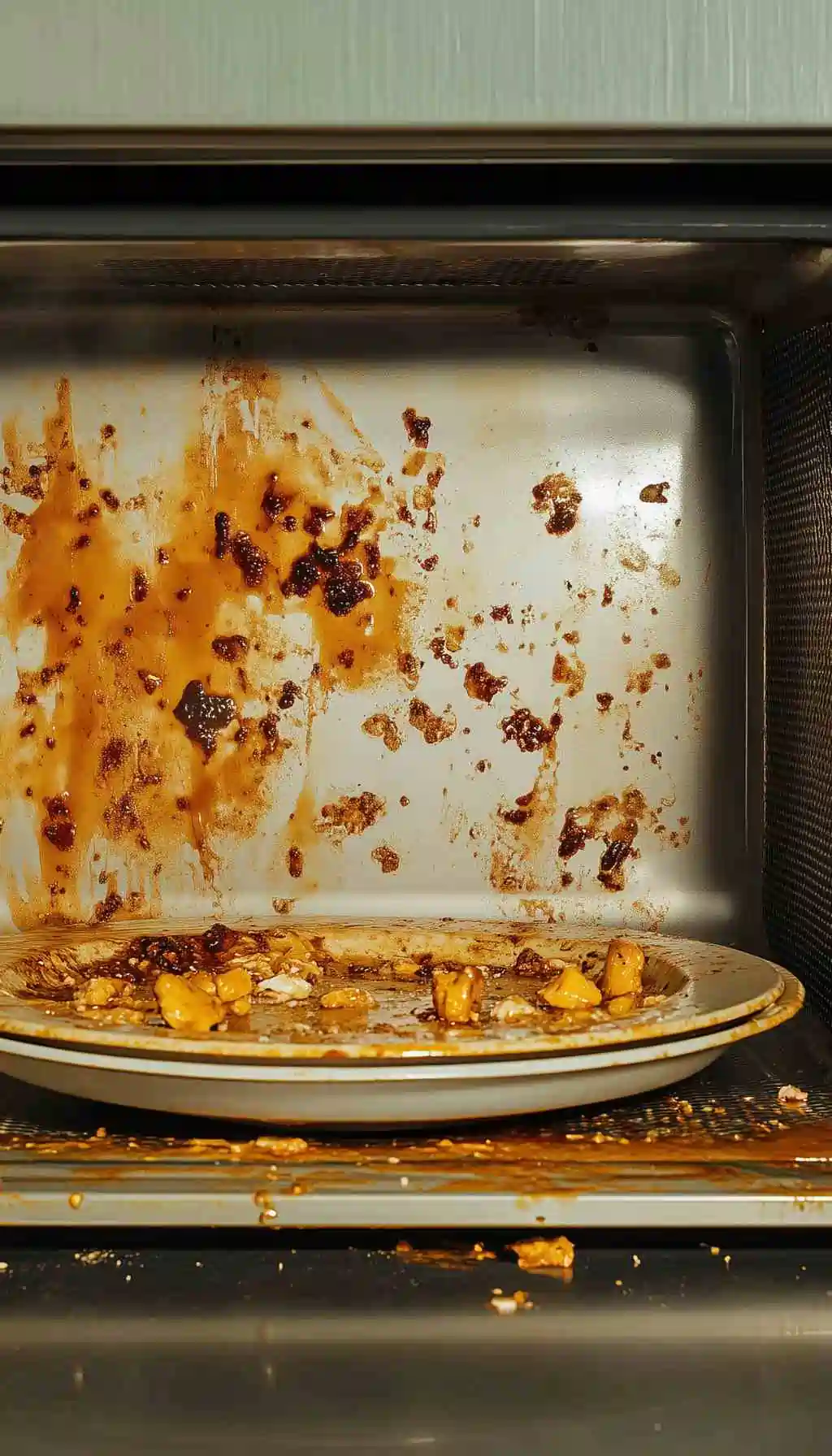 Heavily soiled office microwave with food splatter and residue, illustrating cross-contamination risks and employer responsibility for workplace hygiene in Ireland.