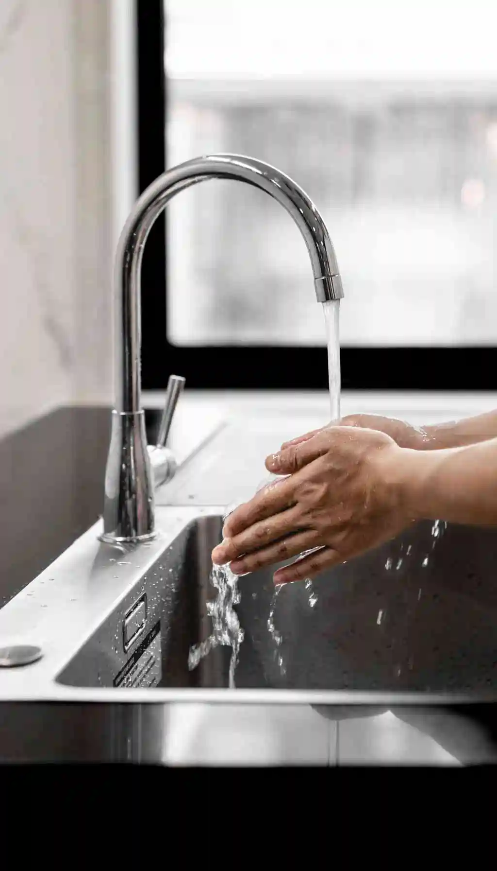 Employee washing hands at an office kitchen sink, highlighting the importance of hand hygiene and employer responsibility under Irish workplace health and safety law.