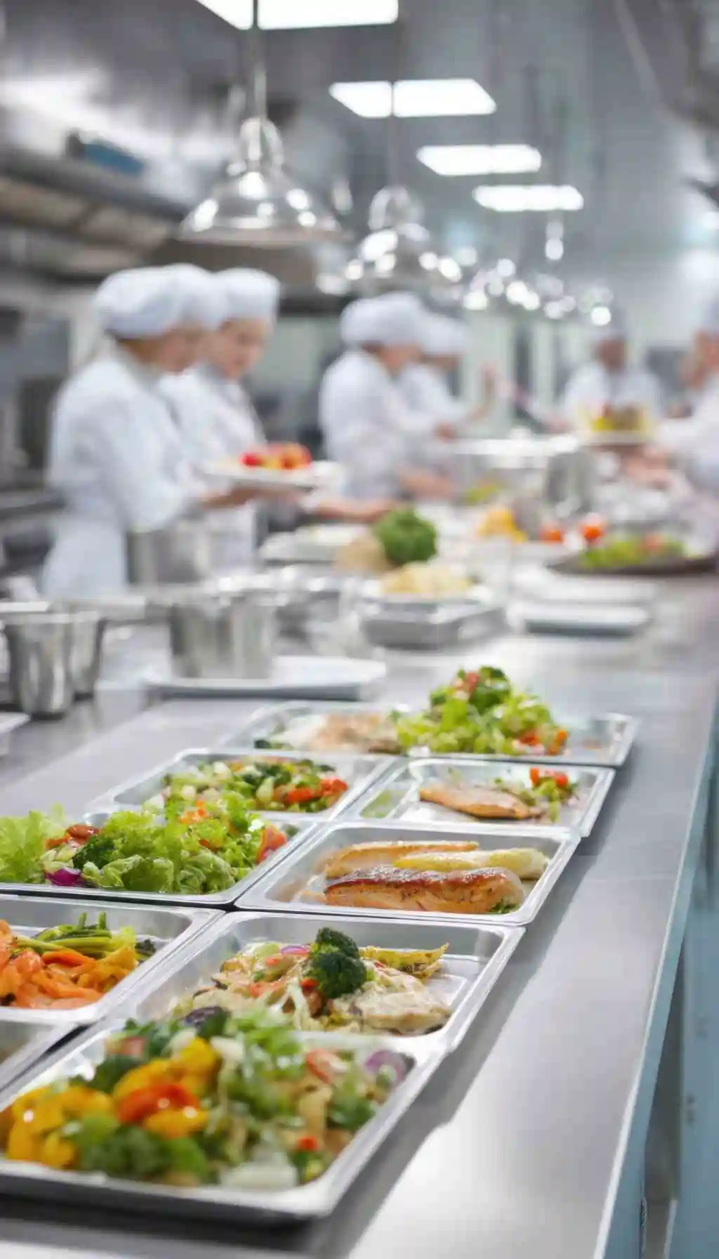 Prepared meals arranged on stainless steel trays in a commercial kitchen, showing standardised food handling processes used by diverse kitchen staff.