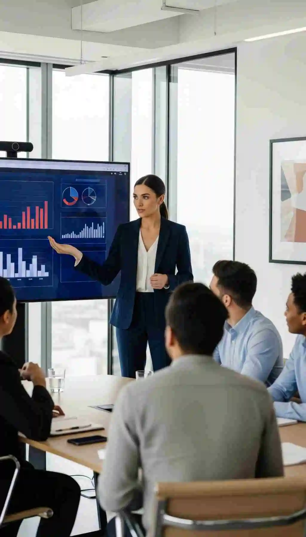 Business presenter explaining charts and graphs to a team in a meeting room, illustrating data-heavy, language-dependent corporate training methods.